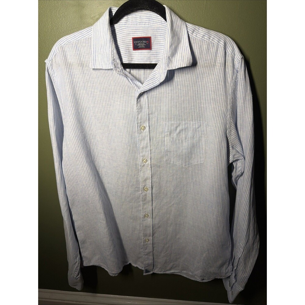 UNTUCKit Shirt Mens Medium Blue Stripe Tercos Linen Wrinkle Resistant Coastal